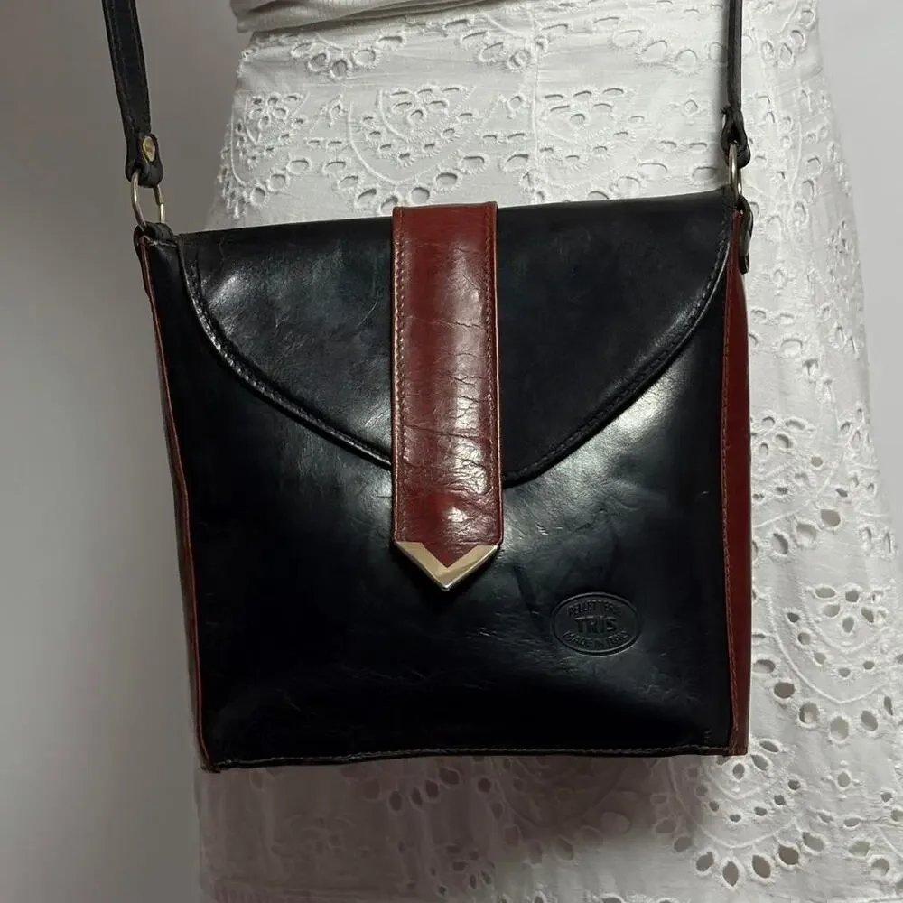 Vintage PELLETTERIE TRIS Italian Leather Crossbody - Black/Brown - Picture 1 of 6